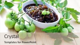  Presentation with classic homemade tomato sauce - PPT theme consisting of homemade green tomatoes jam - fruits background and a soft green colored foreground