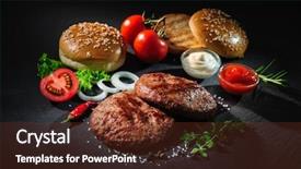  Presentation with hamburger - Audience pleasing PPT theme consisting of homemade hamburger grilled beef patties backdrop and a tawny brown colored foreground