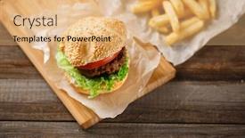  Presentation with french fries - PPT layouts enhanced with homemade hamburgers and french fries on wooden table background and a coral colored foreground
