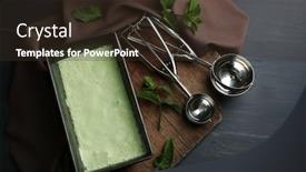  Presentation with ice frozen - Beautiful slides featuring homemade ice cream in frozen metallic container on dark wooden background backdrop and a tawny brown colored foreground