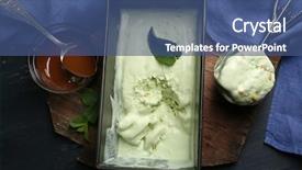  Presentation with ice frozen - Presentation design having homemade ice cream in frozen metallic container on dark wooden background background and a ocean colored foreground