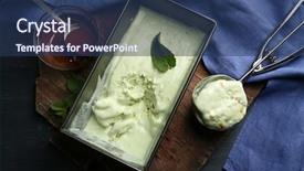  Presentation with ice frozen - Slide deck enhanced with homemade ice cream in frozen metallic container on dark wooden background background and a ocean colored foreground