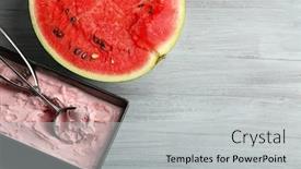  Presentation with ice frozen - Cool new theme with homemade ice cream in frozen metallic container on wooden background backdrop and a light gray colored foreground