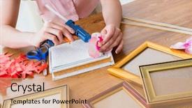  Presentation with picture frame - Amazing PPT theme having homemade instruments - woman decorating picture frame backdrop and a coral colored foreground