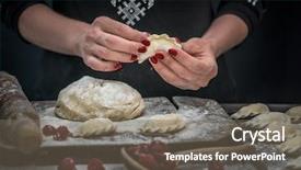  Presentation with frozen foods raspberry blueberry cranberry - Colorful theme enhanced with homemade instruments - woman makes varenyky with raspberry backdrop and a  colored foreground