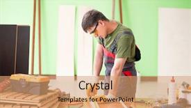  Presentation with radio workshop - Slide deck featuring homemade instruments - young man carpenter working background and a  colored foreground