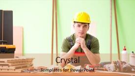 Presentation with taperecorder workshop - Colorful slide deck enhanced with homemade instruments - young man carpenter working backdrop and a coral colored foreground