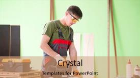  Presentation with young students working in groups - Audience pleasing PPT theme consisting of homemade instruments - young man carpenter working backdrop and a  colored foreground