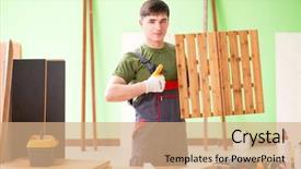  Presentation with electronics workshop - PPT layouts with homemade instruments - young man carpenter working background and a coral colored foreground