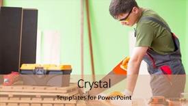  Presentation with electronics workshop - Slide deck featuring homemade instruments - young man carpenter working background and a  colored foreground