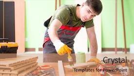  Presentation with carpenter - Theme featuring homemade instruments - young man carpenter working background and a coral colored foreground