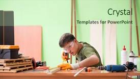  Presentation with radio workshop - Cool new theme with homemade instruments - young man carpenter working backdrop and a soft green colored foreground
