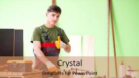  Presentation with young students working in groups - Amazing PPT theme having homemade instruments - young man carpenter working backdrop and a coral colored foreground