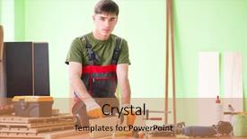  Presentation with workshop - Slides featuring homemade instruments - young man carpenter working background and a coral colored foreground