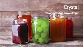  Presentation with jam - Audience pleasing slide set consisting of homemade jars of fruits jam on rustic wooden background backdrop and a coral colored foreground