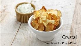  Presentation with jerusalem - Theme consisting of homemade jerusalem artichoke chips with dipping sauce background and a mint green colored foreground