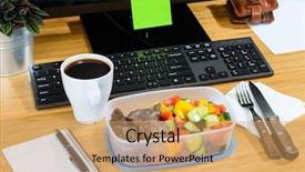  Presentation with lunch box - Presentation consisting of homemade lunch box at modern stylish work place view from above background and a coral colored foreground