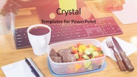  Presentation with lunch box - Colorful PPT theme enhanced with homemade lunch box at modern stylish work place view from above backdrop and a coral colored foreground