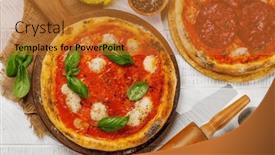  Presentation with green leaves coriander lay - Presentation featuring homemade-margarita-and-pepperoni-pizza background and a gold colored foreground