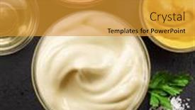  Presentation with mayonnaise - Presentation theme with homemade-mayonnaise-and-mayo-ingredients background and a gold colored foreground