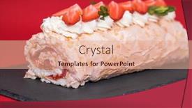  Presentation with strawberry - PPT layouts consisting of homemade-meringue-roll-garnished background and a coral colored foreground