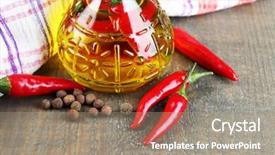  Presentation with olive oil bottle - Slide deck with homemade natural infused olive oil with red chili peppers and spices in glass bottle on wooden background background and a coral colored foreground