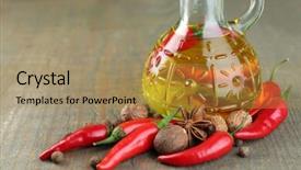  Presentation with olive oil bottle - Cool new PPT theme with homemade natural infused olive oil with red chili peppers and spices in glass bottle on wooden background backdrop and a yellow colored foreground