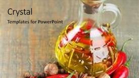  Presentation with olive oil bottle - Slides enhanced with homemade natural infused olive oil with red chili peppers and spices in glass bottle on wooden background background and a coral colored foreground