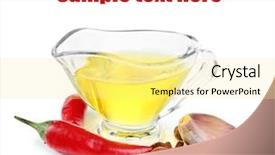  Presentation with olive - Presentation theme having homemade natural infused olive oil in glass sauce-boat with red chili peppers garlic isolated on white background and a blonde colored foreground