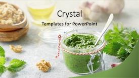  Presentation with nettle - Slide set with homemade nettle pesto with walnuts background and a soft green colored foreground