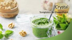  Presentation with nettle - Presentation design featuring homemade nettle pesto with walnuts background and a coral colored foreground