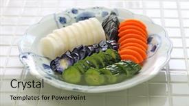  Presentation with rice bran - Colorful theme enhanced with homemade nukazuke bran pickled vegetables backdrop and a violet colored foreground