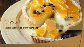  Presentation with grains - Colorful presentation enhanced with homemade orange tart with coffee grains on wooden background backdrop and a yellow colored foreground