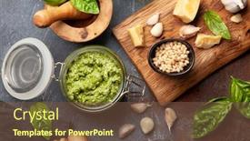  Presentation with leaves flat lay - Colorful slide set enhanced with homemade-pesto-sauce-with-basil backdrop and a tawny brown colored foreground