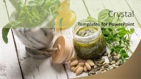  Presentation with sauce - PPT theme enhanced with pumpkin seeds olive oil - homemade pesto sauce background and a mint green colored foreground