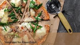  Presentation with tuna - Slide deck with homemade pizza from tuna mozzarella cheese parmesan and rucola top view background and a coral colored foreground