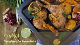  Presentation with roasted chicken - Colorful presentation theme enhanced with homemade roasted chicken drumsticks with fried potatoes and vegetables on pan on wooden background backdrop and a tawny brown colored foreground