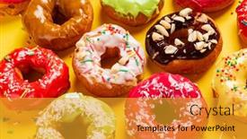  Presentation with eat - Audience pleasing slide set consisting of homemade-round-glazed-donuts-ready backdrop and a gold colored foreground