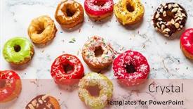  Presentation with donuts - Beautiful PPT layouts featuring homemade-round-glazed-donuts-ready backdrop and a red colored foreground