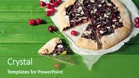  Presentation with biscuit - Slide set having homemade sea biscuit with cherries on green wooden background summer still life background and a tawny brown colored foreground