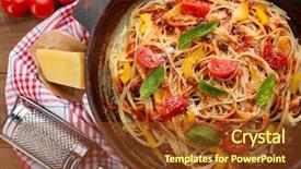  Presentation with spaghetti - Colorful slide deck enhanced with homemade spaghetti bolognese on pan on wooden background backdrop and a tawny brown colored foreground