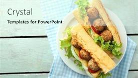  Presentation with meatball - Beautiful presentation design featuring homemade spicy meatball sub sandwich on plate on wooden table background backdrop and a sky blue colored foreground