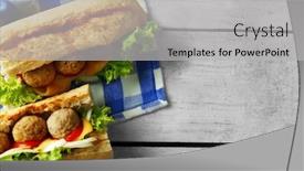  Presentation with meatball - Beautiful presentation design featuring homemade spicy meatball sub sandwich on wooden table background backdrop and a light gray colored foreground
