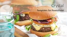  Presentation with burgers - Beautiful PPT layouts featuring homemade tasty burgers with cheese and pesto backdrop and a coral colored foreground