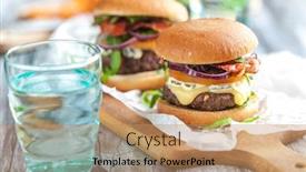  Presentation with burgers - PPT layouts having homemade tasty burgers with cheese and pesto background and a coral colored foreground