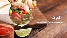  Presentation with cutting board - Presentation enhanced with homemade tasty burrito with vegetables background and a red colored foreground