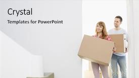  Presentation with moving - Colorful theme enhanced with homeowner - couple carrying moving boxes backdrop and a white colored foreground