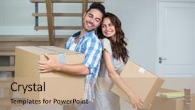  Presentation with boxes - Colorful slide deck enhanced with homeowner - happy couple with boxes backdrop and a coral colored foreground