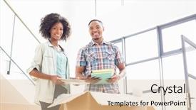  Presentation with couple - Beautiful PPT theme featuring homeowner - portrait of young couple unpacking backdrop and a  colored foreground