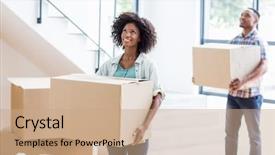  Presentation with moving - Colorful presentation theme enhanced with homeowner - smiling young couple moving together backdrop and a coral colored foreground